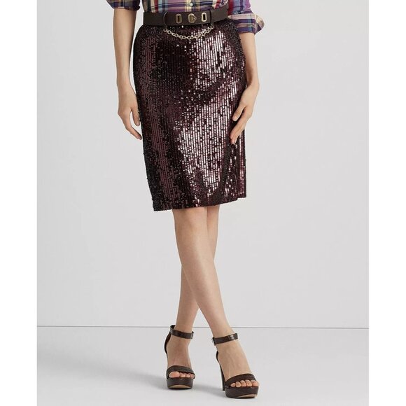 LAUREN RALPH LAUREN Women Sequined Tulle Pencil Skirt burgundy Size 18 MSRP $295 - Picture 5 of 5